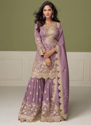 Purple real shimmer readymade suit with embroidered real mirror  1