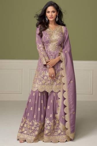 Purple real shimmer readymade suit with embroidery & real mirror work