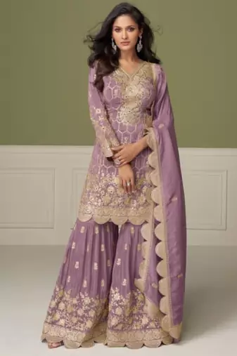 Purple real shimmer readymade suit with embroidery & real mirror work