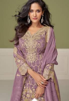 Purple real shimmer readymade suit with embroidered real mirror  2