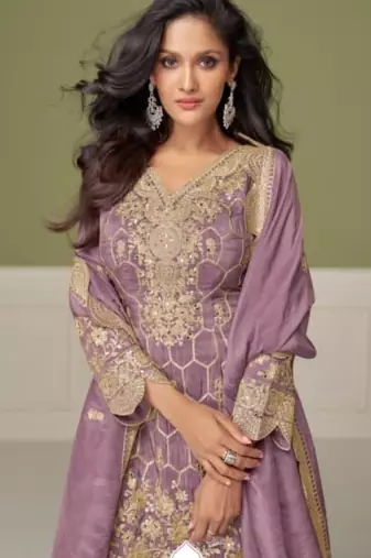 Purple real shimmer readymade suit with embroidered real mirror 