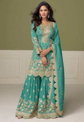 Sky blue real shimmer readymade suit with embroidered real mirror  1