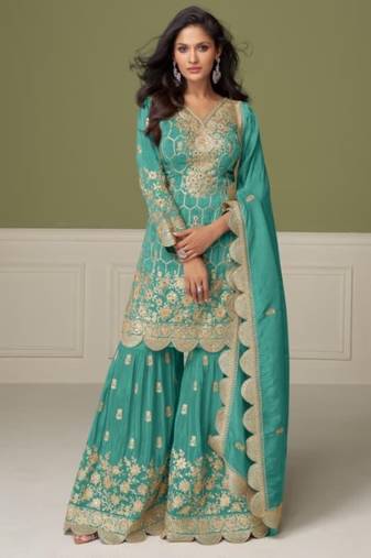 Sky blue real shimmer readymade suit with embroidery & real mirror work