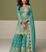 Sky blue real shimmer readymade suit with embroidery & real mirror work