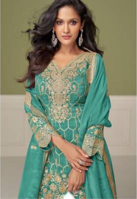 Sky blue real shimmer readymade suit with embroidered real mirror  2