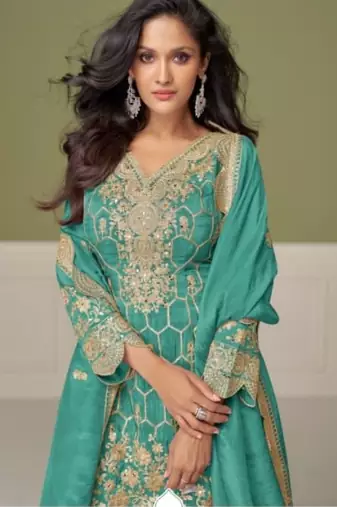 Sky blue real shimmer readymade suit with embroidered real mirror 