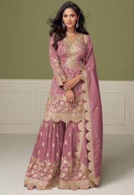 Peach real shimmer readymade suit with embroidered real mirror  1
