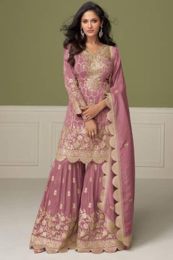 Peach real shimmer readymade suit with embroidery & real mirror work