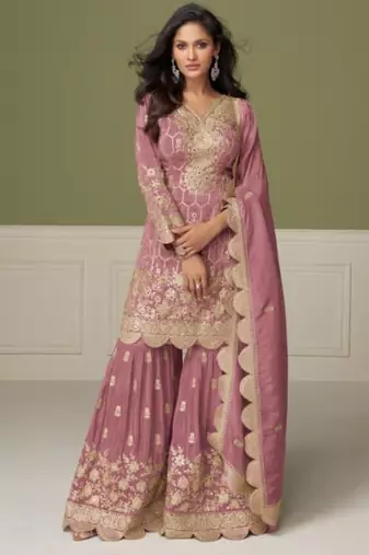 Peach real shimmer readymade suit with embroidery & real mirror work
