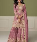Peach real shimmer readymade suit with embroidery & real mirror work