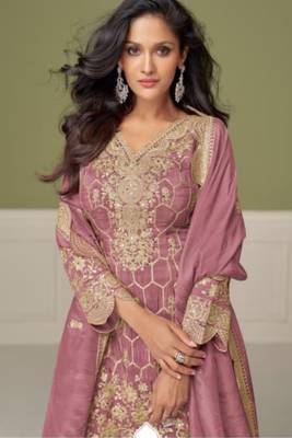 Peach real shimmer readymade suit with embroidered real mirror  2