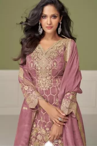 Peach real shimmer readymade suit with embroidered real mirror 