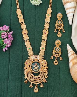 Antique gold-plated temple necklace set with circular motif pendant and matching earrings for 1