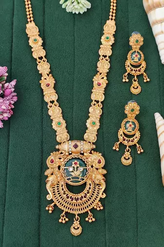 Antique gold-plated temple necklace set with circular motif pendant and matching earrings for