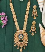 Antique gold-plated temple necklace set with circular motif pendant and matching earrings for