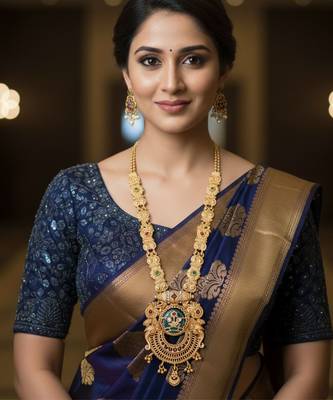 Antique gold-plated temple necklace set with circular motif pendant and matching earrings for 2