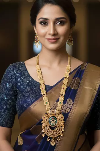 Antique gold-plated temple necklace set with circular motif pendant and matching earrings for