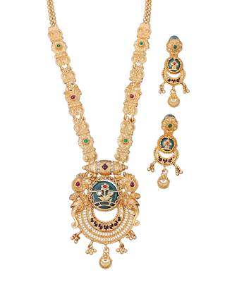 Antique gold-plated temple necklace set with circular motif pendant and matching earrings for 3