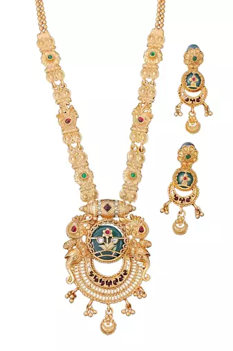 Antique gold-plated temple necklace set with circular motif pendant and matching earrings for