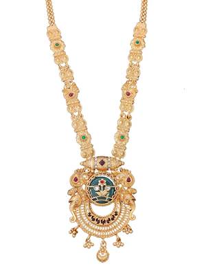 Antique gold-plated temple necklace set with circular motif pendant and matching earrings for 4