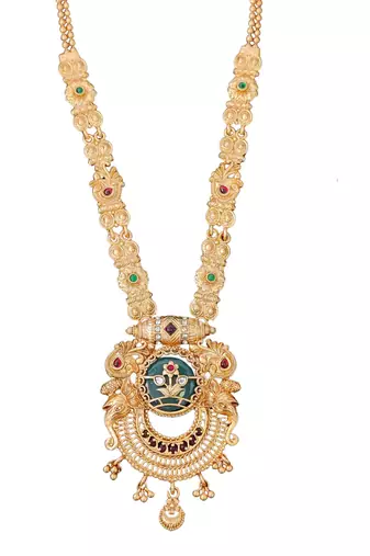 Antique gold-plated temple necklace set with circular motif pendant and matching earrings for