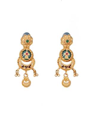Antique gold-plated temple necklace set with circular motif pendant and matching earrings for 5