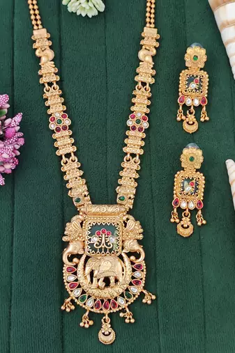 Temple jewelry necklace set featuring elephant design pendant matching earrings for weddings and special occasion