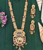 Temple jewelry necklace set featuring elephant design pendant matching earrings for weddings and special occasion