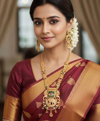 Temple jewelry necklace set featuring elephant design pendant matching earrings for weddings and special occasion 2
