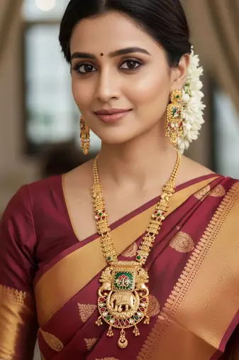 Temple jewelry necklace set featuring elephant design pendant matching earrings for weddings and special occasion