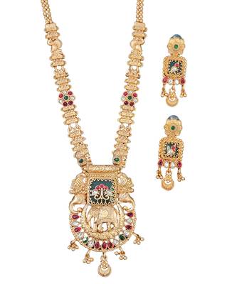Temple jewelry necklace set featuring elephant design pendant matching earrings for weddings and special occasion 3