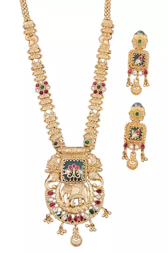 Temple jewelry necklace set featuring elephant design pendant matching earrings for weddings and special occasion