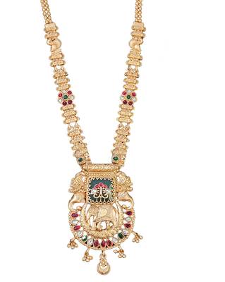 Temple jewelry necklace set featuring elephant design pendant matching earrings for weddings and special occasion 4