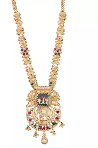 Temple jewelry necklace set featuring elephant design pendant matching earrings for weddings and special occasion