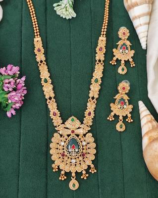 Antique gold-plated temple necklace set with and matching traditional earrings for 1