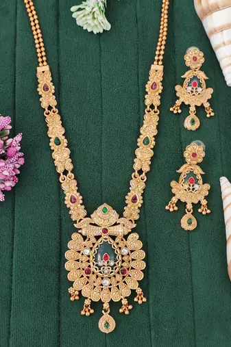 Antique gold-plated temple necklace set with and matching traditional earrings for