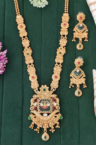 Antique gold-plated temple necklace set with square pendant and matching earrings for festive and bridal looks