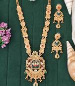 Antique gold-plated temple necklace set with square pendant and matching earrings for festive and bridal looks