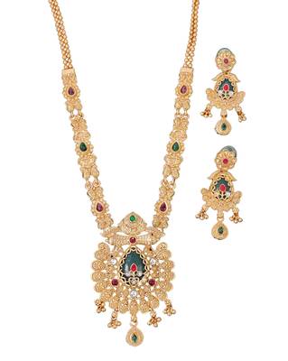 Antique gold-plated temple necklace set with and matching traditional earrings for 2