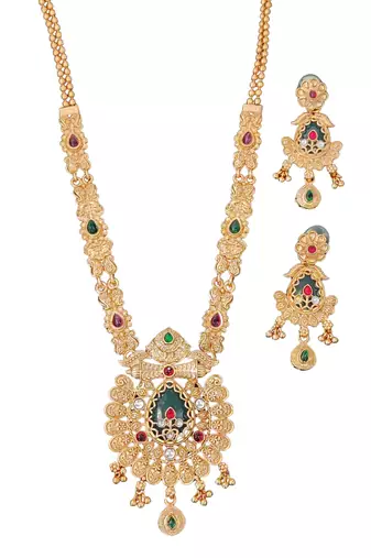 Antique gold-plated temple necklace set with and matching traditional earrings for