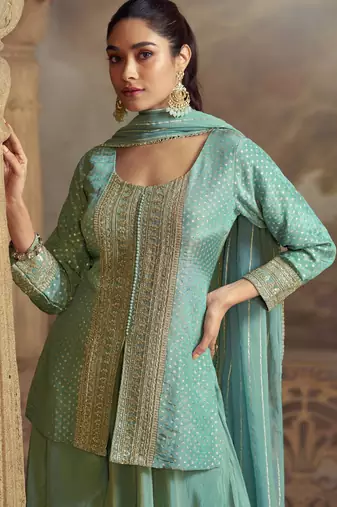 Sky blue georgette readymade suit with embroidery 