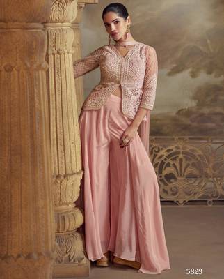Baby pink georgette readymade suit with embroidery work - Full Stitched Free Size 1