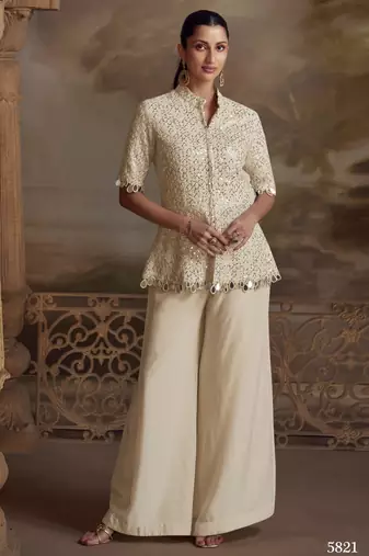 White georgette readymade suit with embroidery work