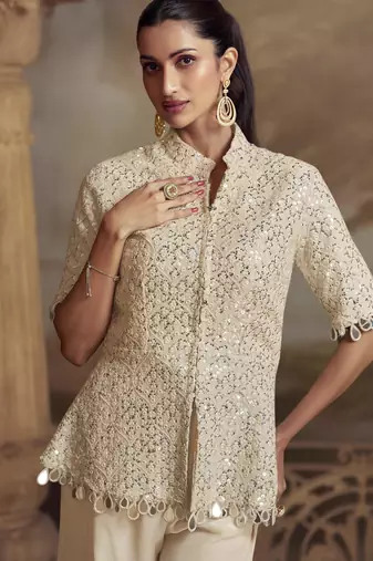 White georgette readymade suit with embroidery 