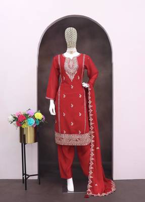 Red heavy chinon reaymade suit with embroidered sequin  2