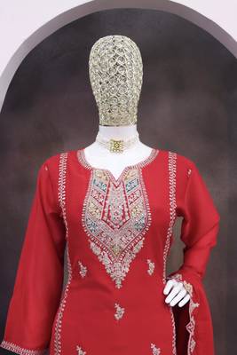 Red heavy chinon reaymade suit with embroidered sequin  3