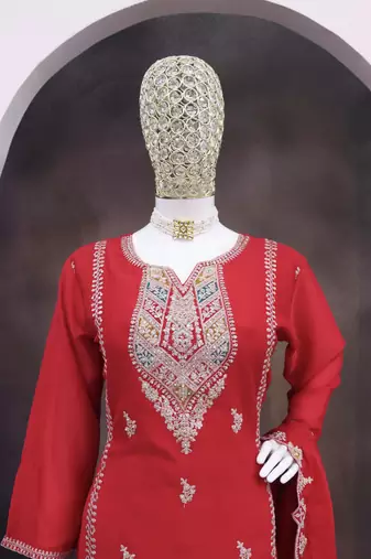 Red heavy chinon reaymade suit with embroidered sequin 