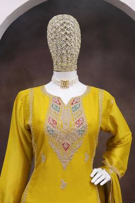 Yellow heavy chinon reaymade suit with embroidered sequin  3