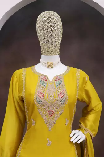 Yellow heavy chinon reaymade suit with embroidered sequin 