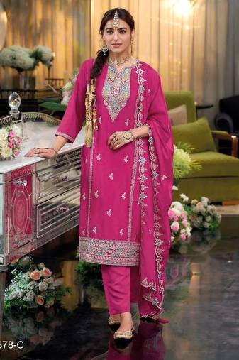 Rani pink heavy chinon reaymade suit with embroidery & sequence work
